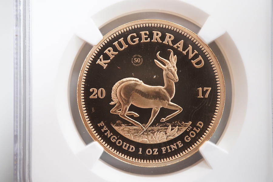 Gold coins, South Africa, 1oz. gold Krugerrand, 2017, NGC encapsulated and graded PF 69 ultra cameo, plastic case scratched